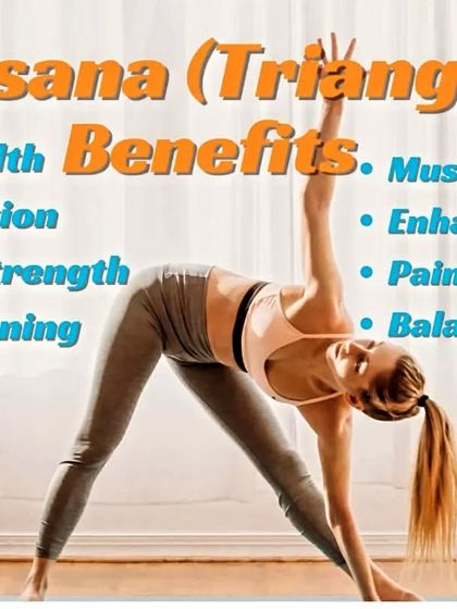 This graphic highlights the many benefits of Trikonasana (Triangle Pose), including improved digestion, stress reduction, enhanced flexibility, and better balance. A single round involves practicing on both sides.