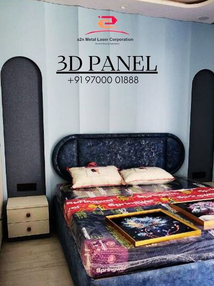 This bedroom features custom 3D panels used as an extended headboard and wall decor. The dark, arched panels create a sophisticated and modern backdrop, adding architectural interest and a sense of depth to the room.