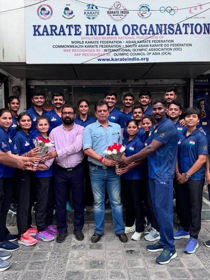 The full Indian Police and Para-Military Karate team gathered outside the KIO headquarters before leaving for the World Police and Fire Games.