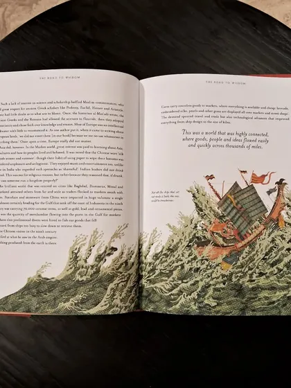 A dramatic scene of a ship on stormy seas, from the beautifully illustrated history book, 'The Silk Roads'.