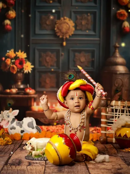 Celebrating our culture is so important to us. For Janmashtami, we designed this detailed Bal Gopal setup. Seeing this little one become a natkhat Kanha for a day was a blessing, creating memories that are connected to our dharam.