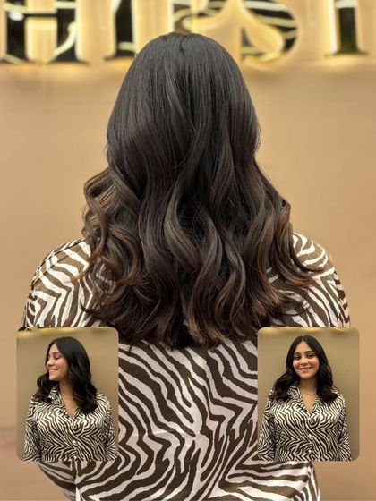 This collage shows a client's transformation to a deep, uniform hair color. The final look is sophisticated and timeless, with a beautiful, healthy shine.