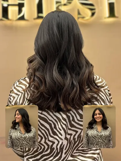 This collage shows a client's hair transformation, resulting in a beautiful, rich color and a soft, wavy style.