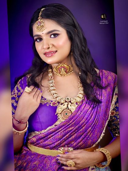 A series of photos featuring a model in a purple saree, wearing our antique temple jewellery. The theme is inspired by Lord Krishna, showing how our jewellery can be used for festive and devotional looks.