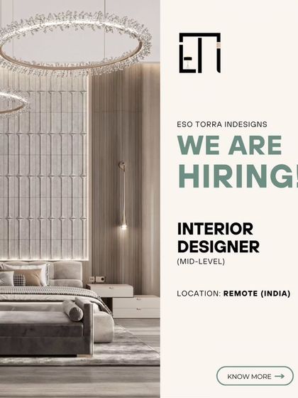 This is the lead image for a remote Mid-Level Interior Designer role with Eso Torra Indesigns, highlighting an opportunity to work with a luxury design practice on international projects.