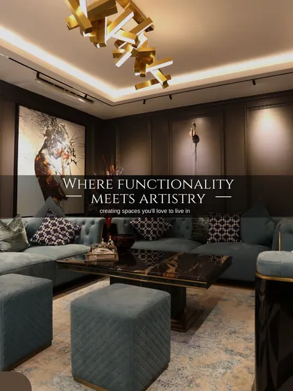 A living room where functionality meets artistry. The teal tufted sofas provide comfortable seating, while the abstract artwork and modern chandelier add a layer of creative energy to the space.
