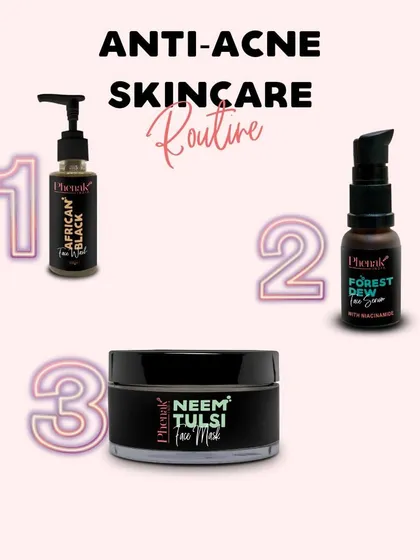 Here is my recommended anti-acne skincare routine. Start with the African Black Facewash, treat with the Forest Dew Face Serum, and purify with the Neem Tulsi Face Mask. This trio works together to fight breakouts and restore balance.