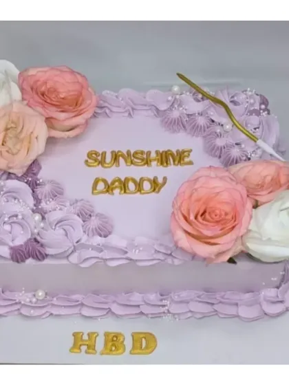 A beautiful floral sheet cake for "Sunshine Daddy". This choco-vanilla cake is decorated with a frame of fresh pastel-colored roses.
