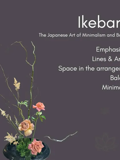 This image breaks down the core principles of Ikebana: an emphasis on lines and angles, the use of space, balance, and minimalism. It's a disciplined yet beautiful art form.