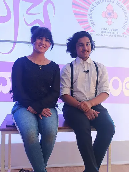 My children, Pooja and Pratheek, waiting backstage before a show. As a family of performers, these quiet moments together are just as special as the time we spend on stage.