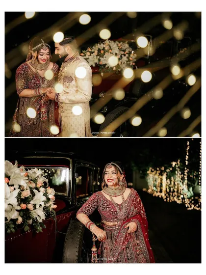 A collage of Reshma and Noel's reception, showing their romantic poses with a classic car under twinkling lights.