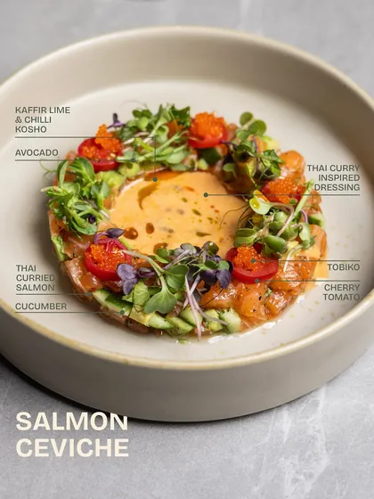 An annotated view of our Salmon Ceviche, breaking down the components from the Thai curried salmon and tobiko to the kaffir lime and chili kosho.