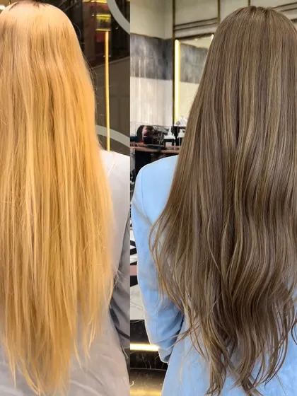 A clear example of a major color correction. We went from a faded, brassy yellow to a sophisticated and cool-toned ash brown. This process requires patience and a careful approach to protect the hair's integrity while achieving a complete tonal shift.