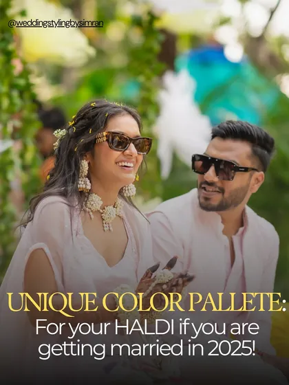 Thinking about your Haldi look for 2025? It's time to look beyond the traditional yellow. This collage shows a couple embracing a fresh and modern color palette for their celebration.