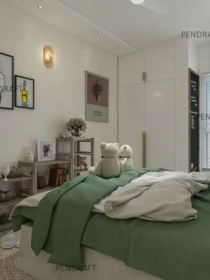 This kids' room design uses a vibrant green on the headboard and a colorful wallpaper to create a cheerful and energetic space.