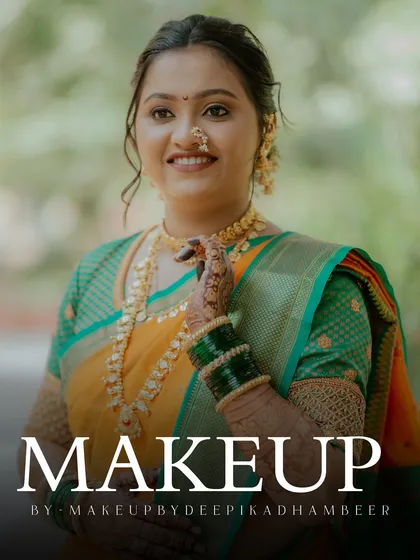 A close-up showcasing the flawless HD makeup on this beautiful Marathi bride. Her skin is radiant, and the soft eye makeup complements her traditional attire perfectly.