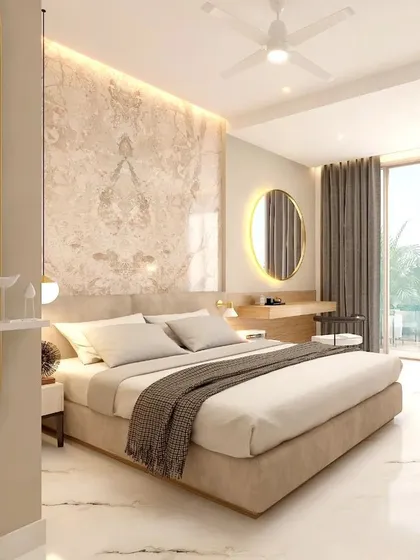 This 3D visualization shows a master bedroom concept designed as a tranquil retreat. A backlit, book-matched marble slab serves as a stunning headboard, while clean lines and a neutral palette create a sense of calm and luxury.
