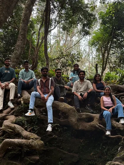 The group sitting on the intricate root system of an old tree.