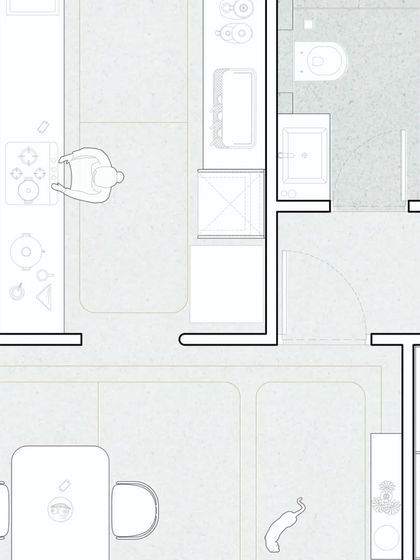 A close-up of the kitchen and bathroom layout. This view demonstrates the practical side of the design, focusing on efficient use of space in the most functional areas of the home.