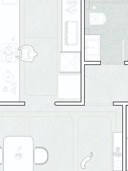 A close-up of the kitchen and bathroom layout. This view demonstrates the practical side of the design, focusing on efficient use of space in the most functional areas of the home.