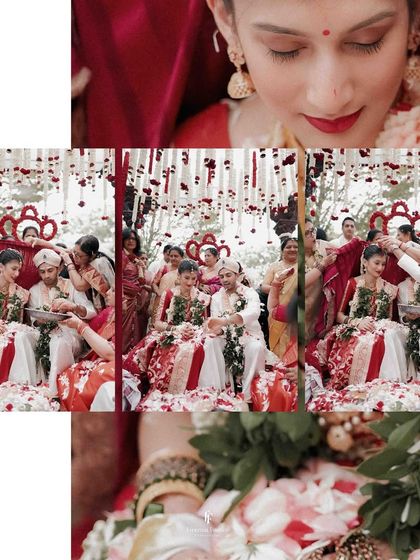 A creative collage focusing on the bride's perspective during the wedding rituals, surrounded by a shower of flowers.