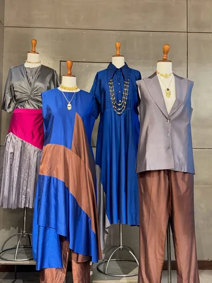 Another shot of these unique, tailored pieces, showing how they can be mixed and matched to create a variety of stylish outfits.