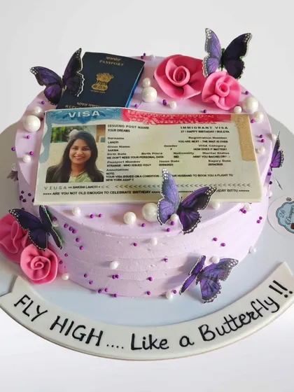 A full view of the visa-themed cake, a unique and personal way to celebrate a major life achievement.