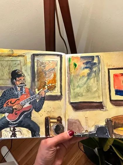 Another view of my watercolour painting from the Brickbottom Artists studio, held up against an easel.