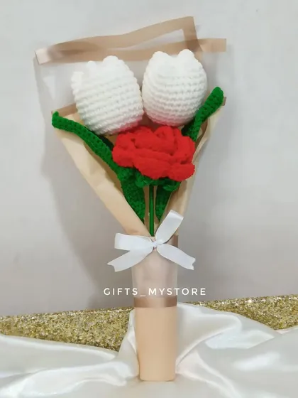 A beautiful handmade crochet flower bouquet, a unique and everlasting alternative to real flowers for a wedding gift.