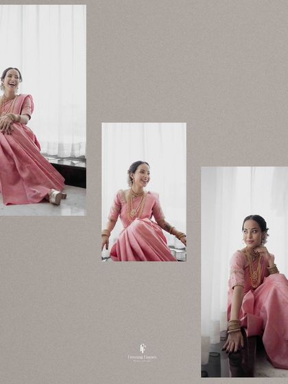 A triptych of the bride in her pink saree, capturing her joyful and relaxed moments during the engagement photoshoot.