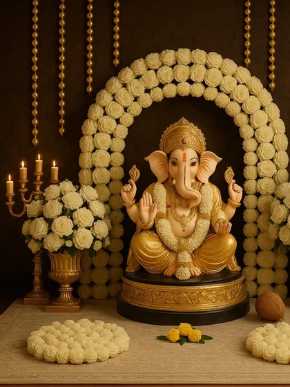 A luxurious and elegant Ganpati setup in gold and cream. The idol is framed by an arch of beautiful cream-colored roses, with golden vases and candelabras adding to the opulent feel.