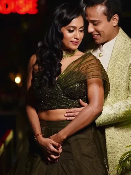 A stylish and contemporary look for a Sangeet or engagement party. The groom's grooming is tailored to complement his modern ethnic wear, creating a cohesive and fashionable statement.