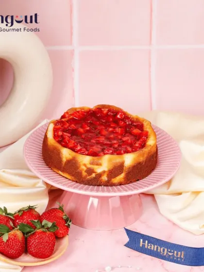 Our Basque Strawberry Cheesecake is baked to burnt perfection and topped with a fresh strawberry compote. It's a slice of rustic, creamy, winter magic.