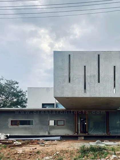 This image from the construction site captures the essential form of the Long House. The floating concrete volume is a clear demonstration of our commitment to pushing structural boundaries.