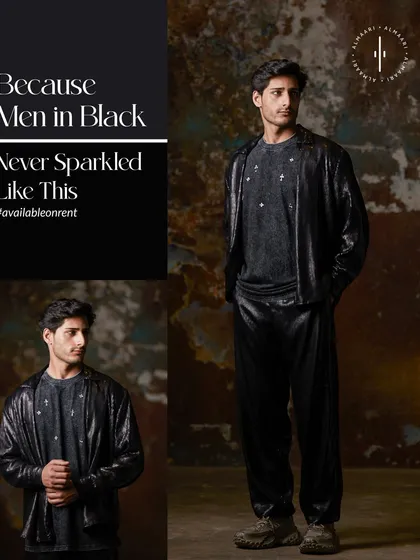 Forget what you know about 'Men in Black'. My take includes a sparkling, textured co-ord set that catches the light with every move. It’s a bold, unapologetic look for a night out or a cocktail party where you want all eyes on you.