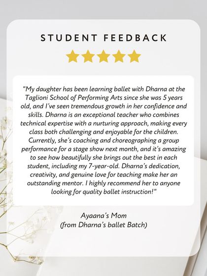 "Dharna is an excellent mentor." We are so grateful for the kind words from our students' parents. Their feedback is a testament to the dedication and nurturing approach of our teachers.