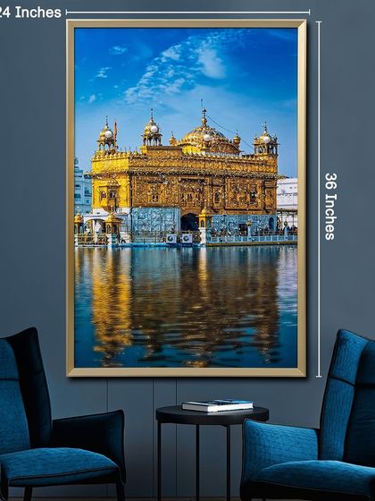 This 24 by 36 inch Golden Temple crystal glass painting is a perfect way to bring a sense of peace and spirituality into your home, ideal for a living room or prayer room.