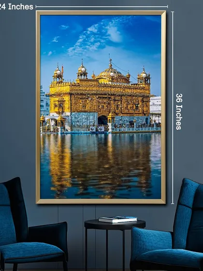 This 24 by 36 inch Golden Temple crystal glass painting is a perfect way to bring a sense of peace and spirituality into your home, ideal for a living room or prayer room.