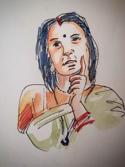 A portrait sketch using a combination of ink pen for the lines and watercolor for a splash of color. This pen and wash technique is a fun and expressive way to draw people.