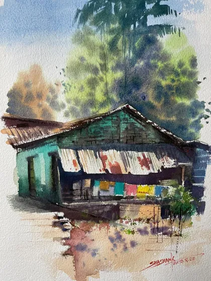 I was drawn to the textures in this scene, from the rusted tin roof to the colorful laundry hanging out to dry. This watercolor painting is a celebration of the beauty in everyday village life.