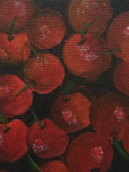 An acrylic painting of cherries on a canvas sheet. This study focuses on capturing the round shape and shiny surface of the fruit.
