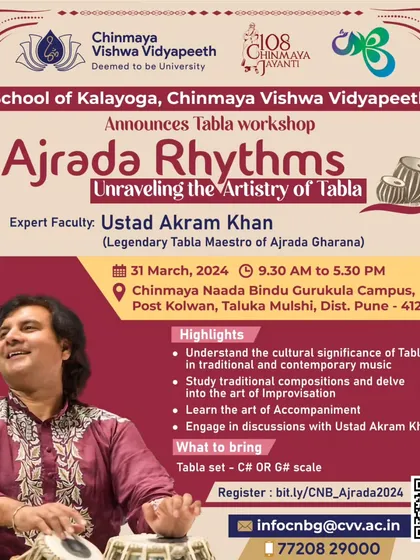 This is a poster from my 'Ajrada Rhythms' workshop at the Chinmaya Naada Bindu Gurukula. In these sessions, students get a chance to delve deep into the artistry of the Ajrada Gharana, learning traditional compositions and the delicate art of improvisation.