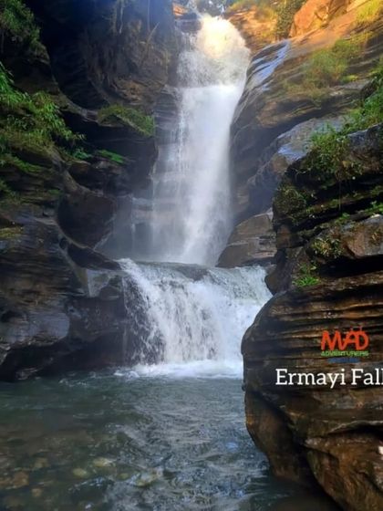 The stunning Ermayi Falls, nestled within a rocky gorge. This is one of the hidden gems we explore on our treks near Chikmagalur.