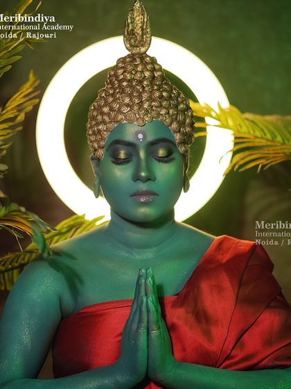 The 'namaste' pose completes the transformation. You will learn how posing and makeup work together to create a powerful image.