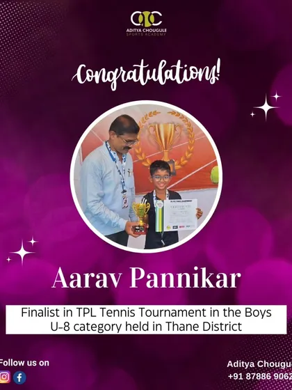 We celebrate Aarav Pannikar, a finalist in the TPL Tennis Tournament in the Boys U-8 category held in Thane District. Another achievement by our talented students.
