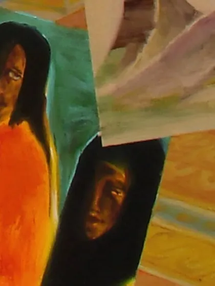 A detail showing the inclusion of Tagore's own painting style within my biographical artwork of him.