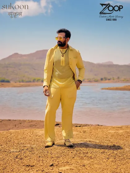The Sukoon vibe is underplayed, never underestimated. This yellow co-ord set is designed for the man who owns the room softly, with a style that flows with him.
