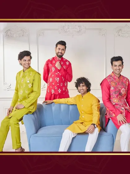 Rule your wedding day and every day with attire fit for royalty. This collage captures the joy of celebration, with men dressed in my festive kurta jackets in vibrant greens and reds.