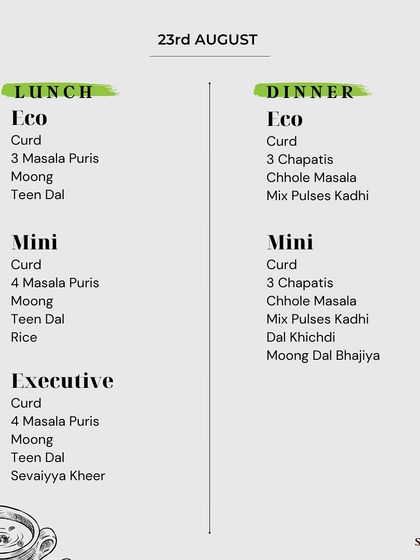 A look at our Paryushan menu for August 23rd. You'll find dishes like Masala Puris, Moong, and Dal Khichdi, all prepared to be nutritious and compliant.