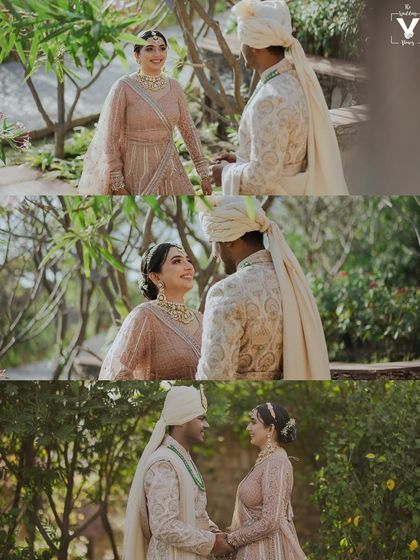 A sequence of images showing the couple's first look in a beautiful garden setting. From holding hands to sharing a loving gaze, this collage captures the unfolding of a beautiful moment.